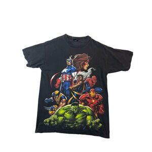 Marvel Avengers Comics T-Shirt Mens M Black Y2K Graphic Short Sleeve Anime AOP